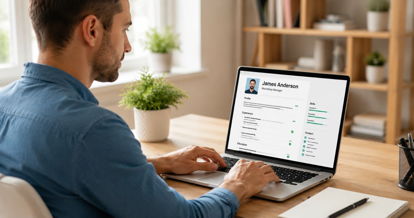 ATS-friendly CV builder — professional creating ATS-compatible CV on laptop at modern desk