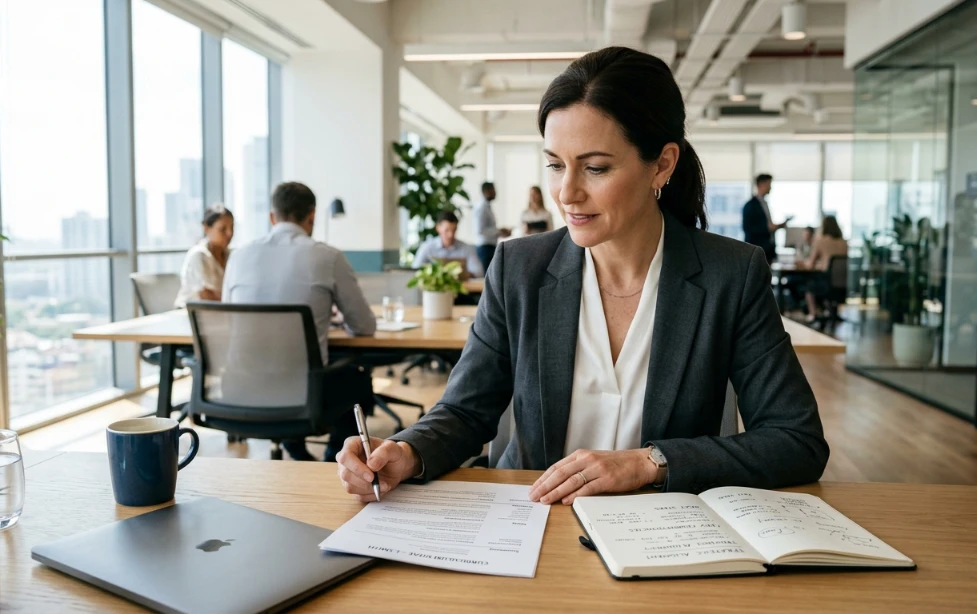 Consultant CV — professional consultant reviewing CV and project portfolio at modern office desk