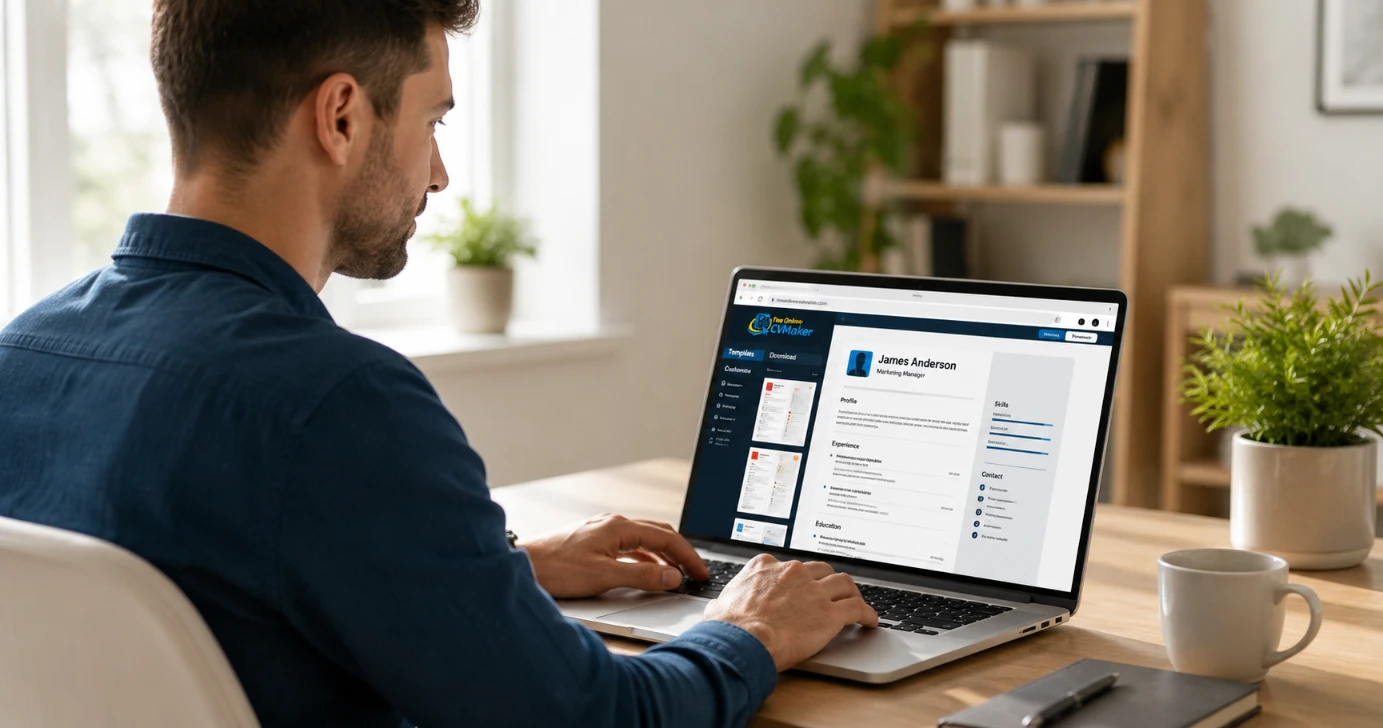 Free CV builder online — professional using online CV builder on laptop to create professional CV