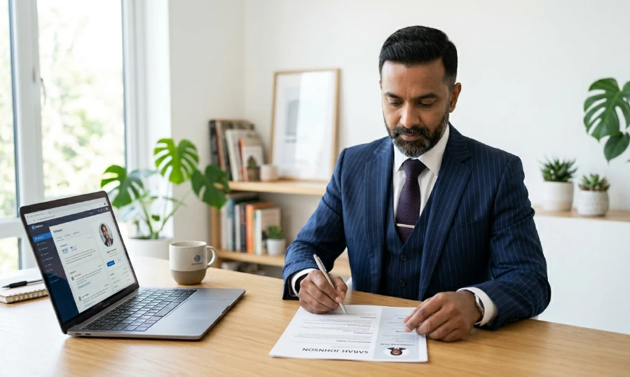 CV for managers — experienced manager reviewing professional CV at modern office desk