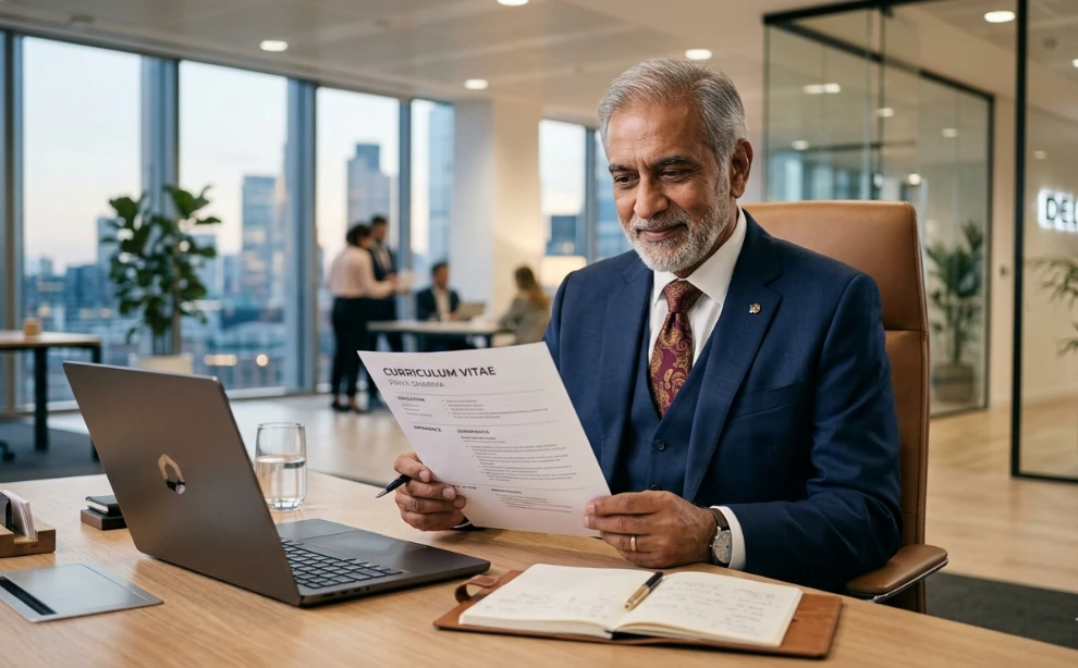 CV for senior professionals — experienced professional reviewing senior CV at corporate desk
