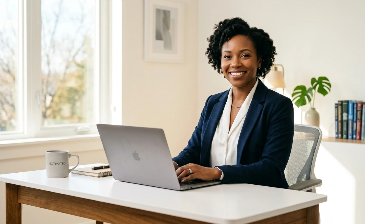 Returning to work CV — professional confidently preparing CV to return to work at modern desk