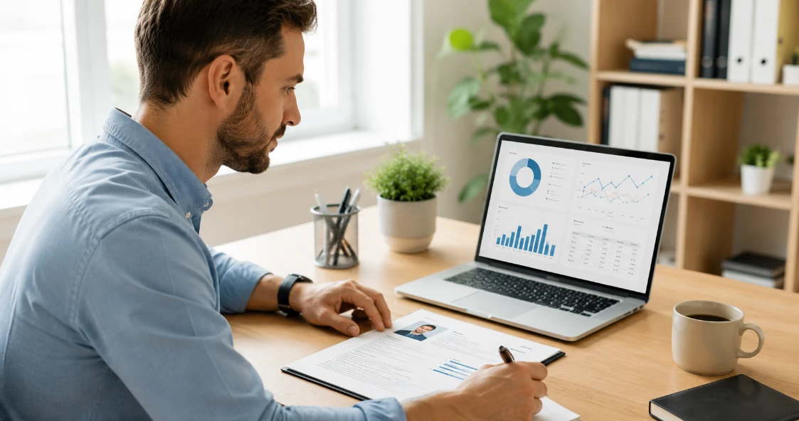 Data analyst CV template — data analyst reviewing analytics dashboard and CV at modern desk