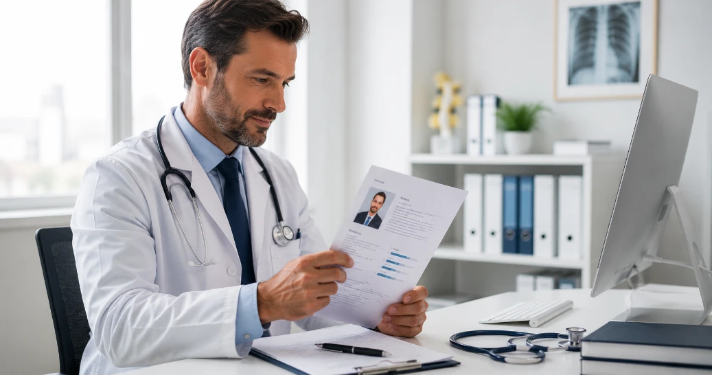 Doctor CV template — professional doctor reviewing medical CV at modern clinical desk