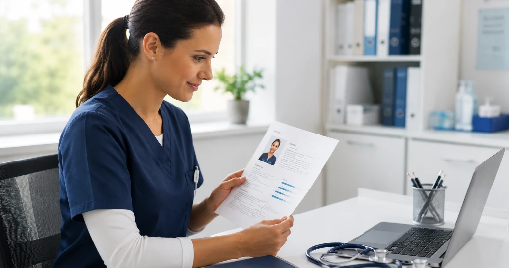 Nurse CV template — professional nurse reviewing clinical CV at modern hospital desk