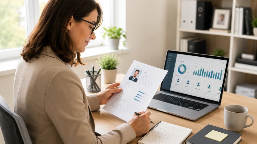 HR manager CV template — HR professional reviewing CV with employee files at modern office desk