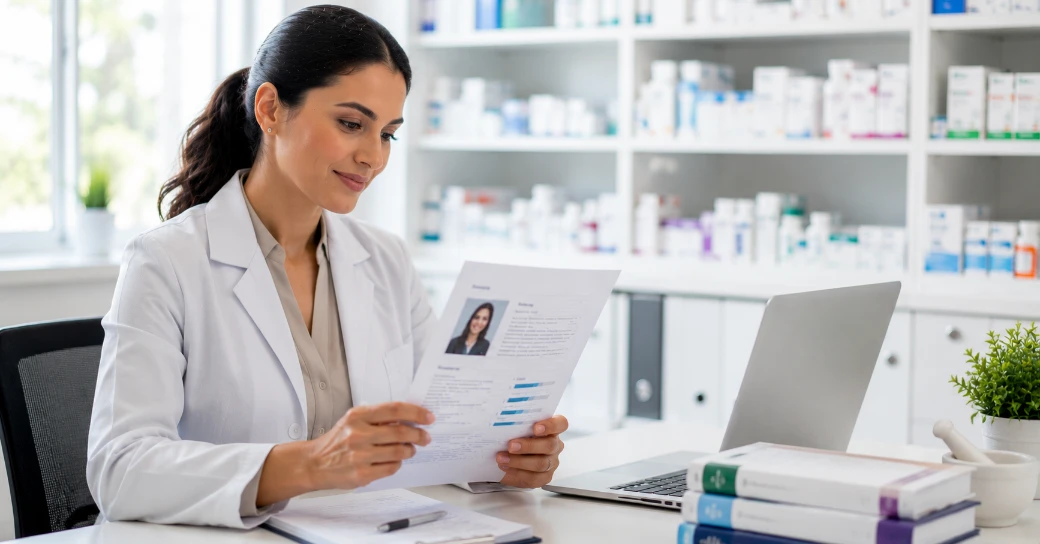 Pharmacist CV template — professional pharmacist reviewing CV at modern pharmacy desk