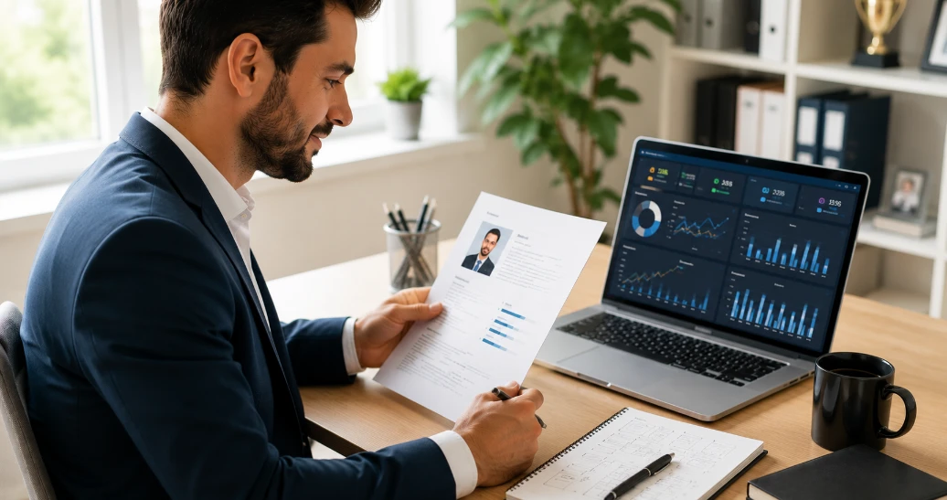 Sales CV template — sales professional reviewing CV with sales targets and performance data at desk