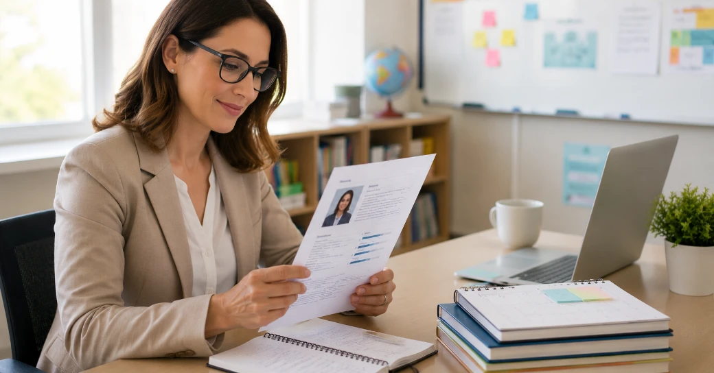 Teacher CV template — professional teacher reviewing CV with lesson materials at modern desk
