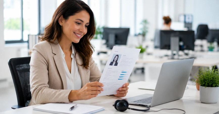 Customer service CV template — customer service professional reviewing CV at modern office desk