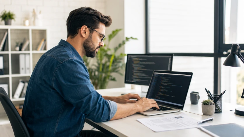 Software engineer CV template — developer writing technical CV at modern desk with laptop