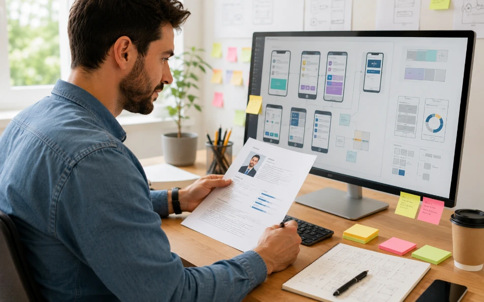 UX designer CV template — UX designer reviewing wireframes and CV at modern creative desk