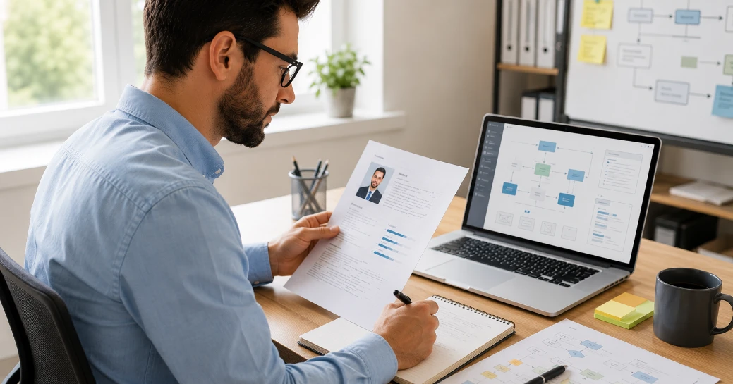 Business analyst CV template — business analyst reviewing process diagrams and CV at modern desk