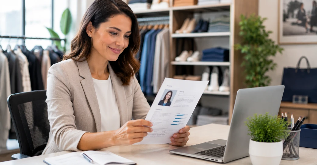 Retail CV template — retail professional reviewing CV at modern bright office desk