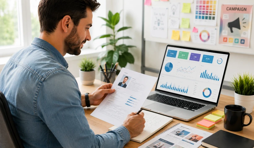 Marketing CV template — marketing professional reviewing CV with campaign analytics at modern desk