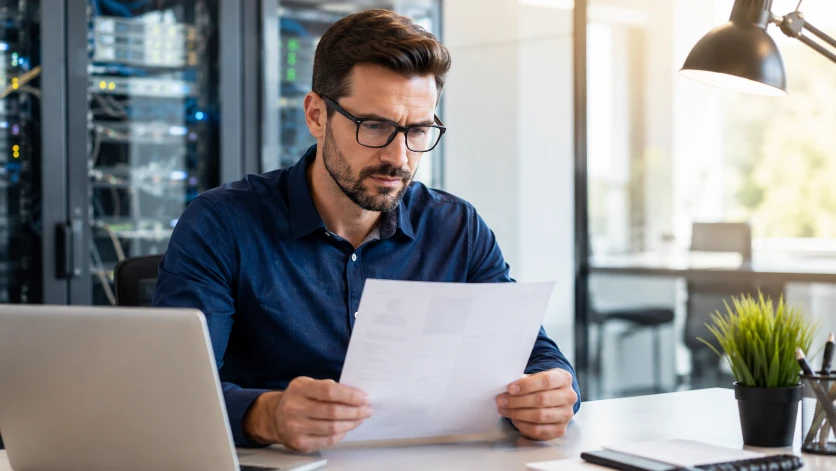 IT professional CV template — IT professional reviewing technical CV at modern desk with servers