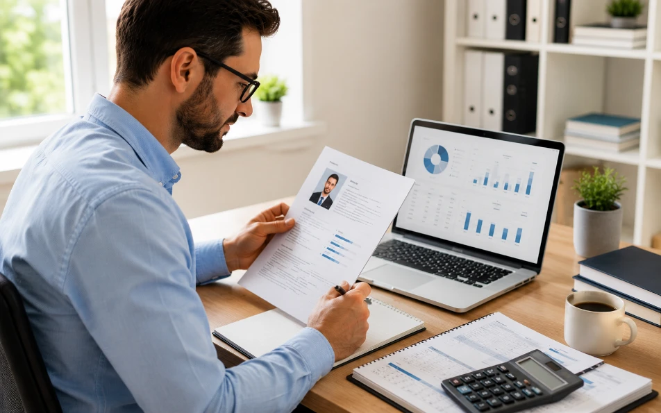 Accountant CV template — accountant reviewing financial CV with calculator and reports at desk