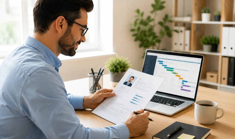 Project manager CV template — project manager reviewing CV and project plan at modern desk