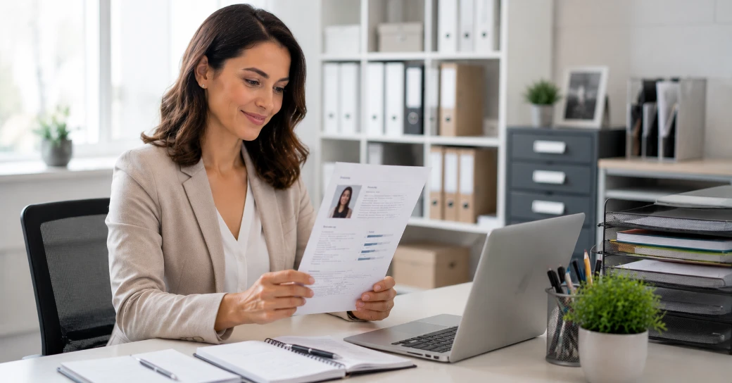 Admin CV template — admin professional reviewing CV at organised modern office desk