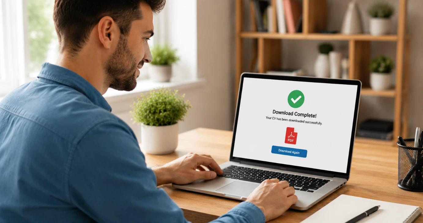Download CV as PDF free — professional downloading clean CV PDF on laptop at modern desk