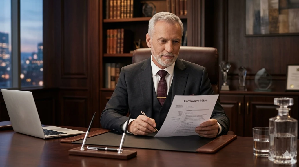 Executive CV — senior business leader reviewing CV at corporate boardroom desk