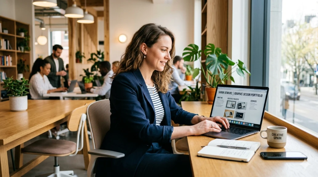 Freelancer CV — professional reviewing freelance project portfolio and CV at desk