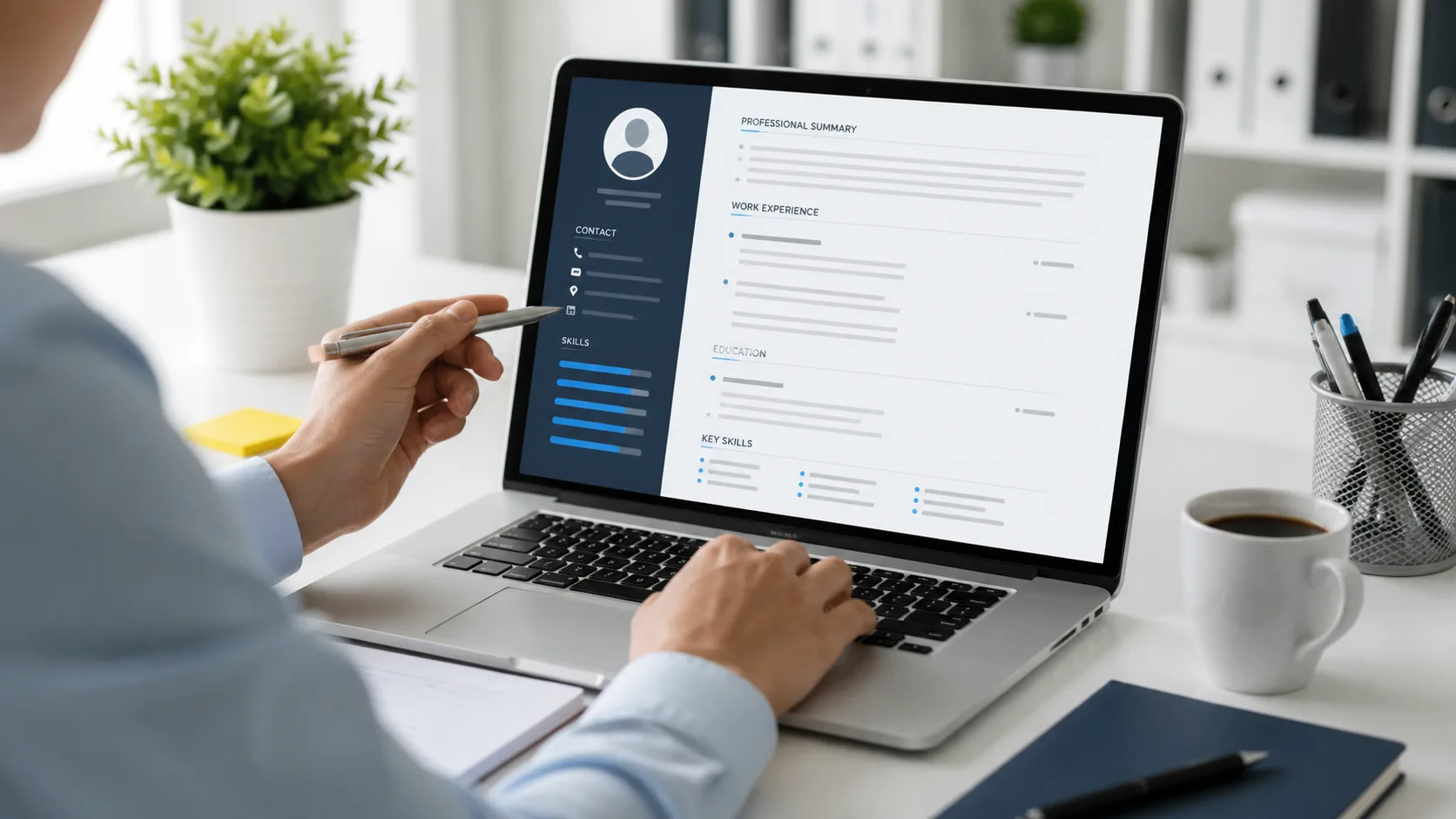 Recruiter reviewing a professional CV on a laptop