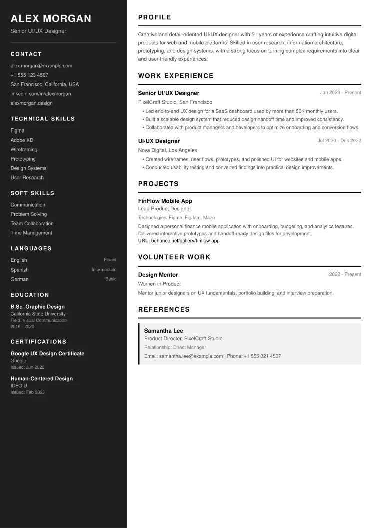 Mono Sidebar CV template preview