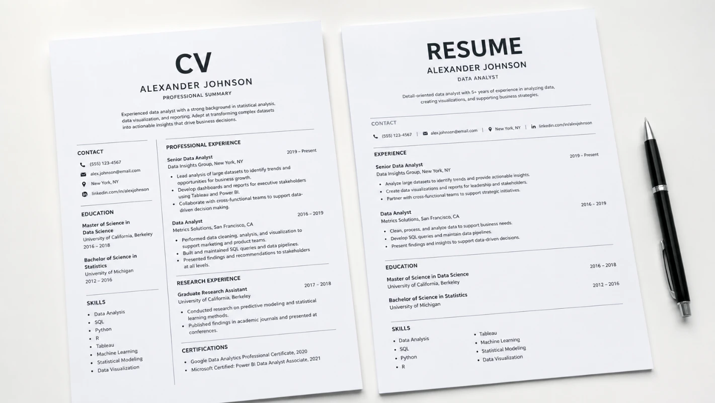 CV vs resume difference — two documents side by side showing the key differences