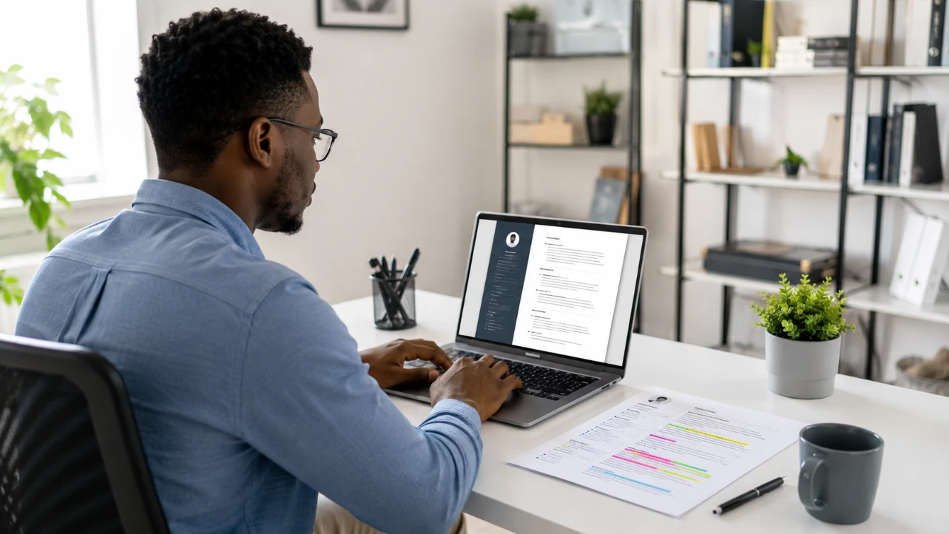 How to pass ATS screening — professional optimising CV on laptop for applicant tracking system