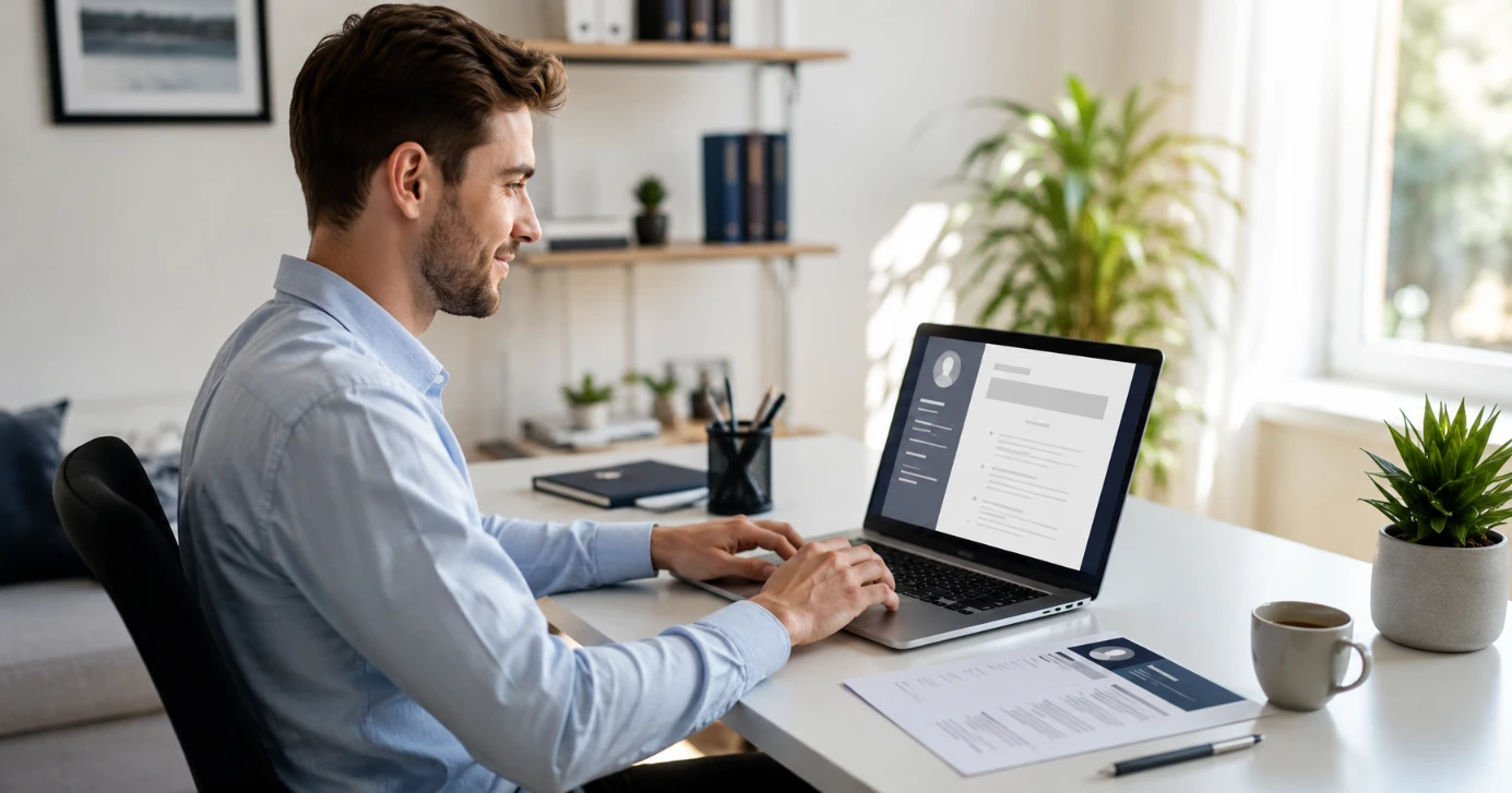 Create a professional CV online free — person building CV on laptop using free CV maker