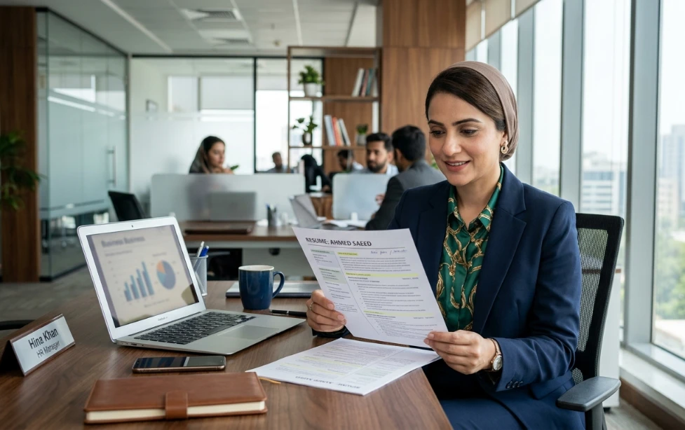 CV tips for Pakistan jobs — Pakistani professional reviewing CV at modern office desk