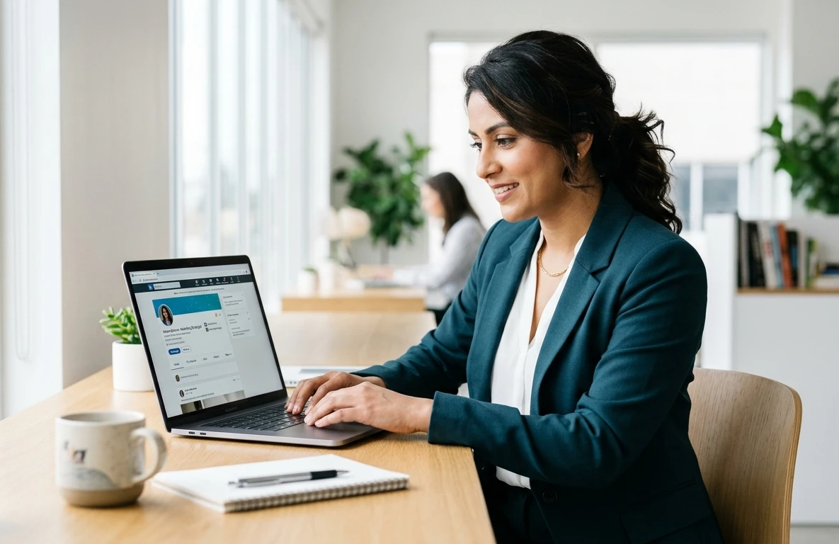 How to write a LinkedIn profile — professional updating LinkedIn profile on laptop
