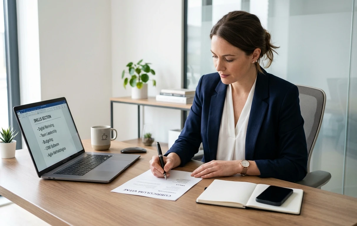 How to write CV skills section — professional listing skills on CV document at desk