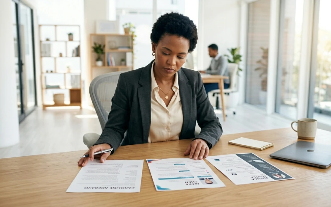 CV format guide — professional choosing between different CV formats at desk