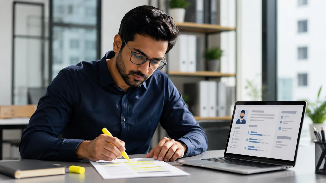 CV keywords guide — professional highlighting keywords in job description beside CV at desk