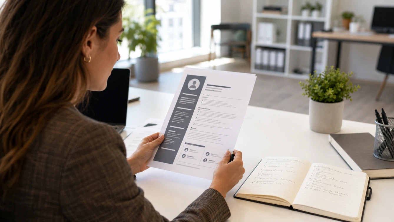 References on CV — professional reviewing reference details on CV document at modern desk