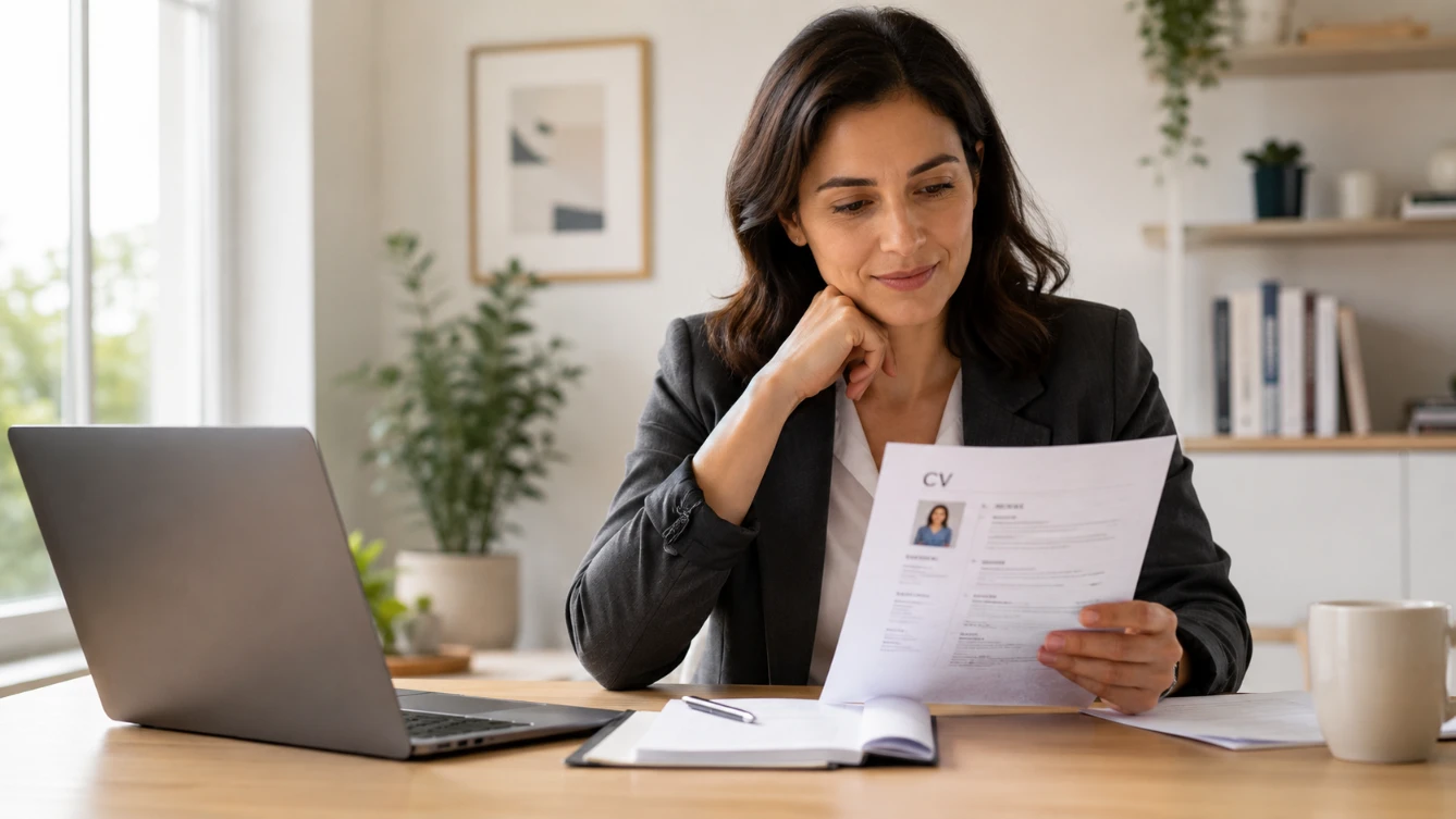 Hobbies and interests on CV — professional adding personal interests to CV document at desk