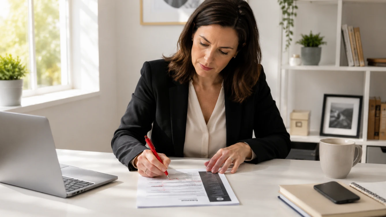 Overused CV phrases — professional crossing out generic phrases on CV document at desk