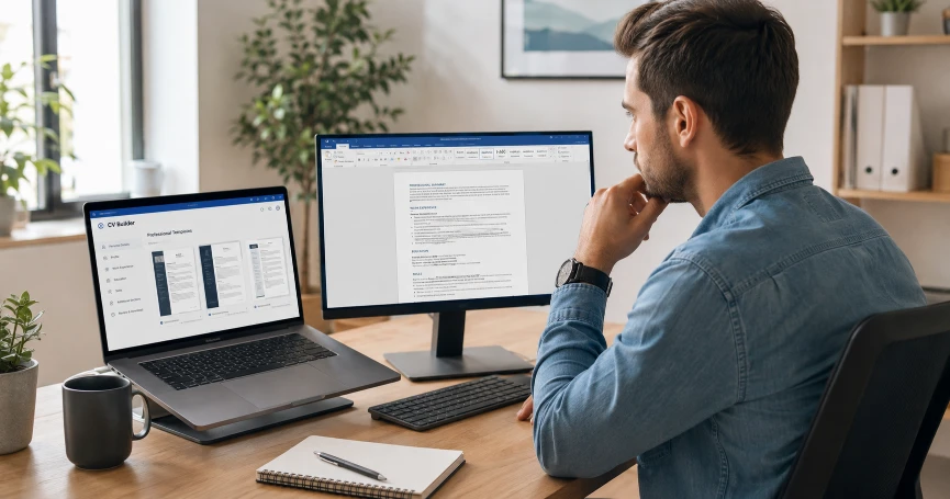 CV maker vs Word — professional comparing CV builder and Microsoft Word on laptop at desk