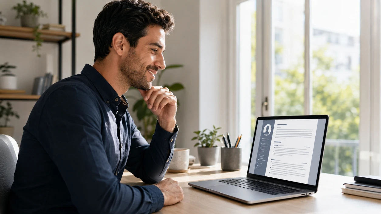 Free CV maker without watermark — professional downloading clean CV PDF on laptop at desk