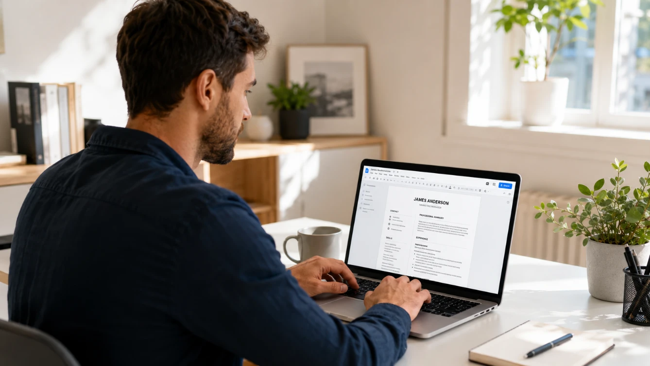CV template Google Docs — professional editing CV template in Google Docs on laptop at desk