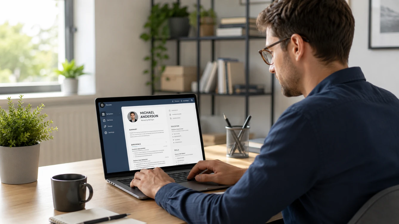 How to make a CV online — professional creating CV using online CV builder on laptop at desk