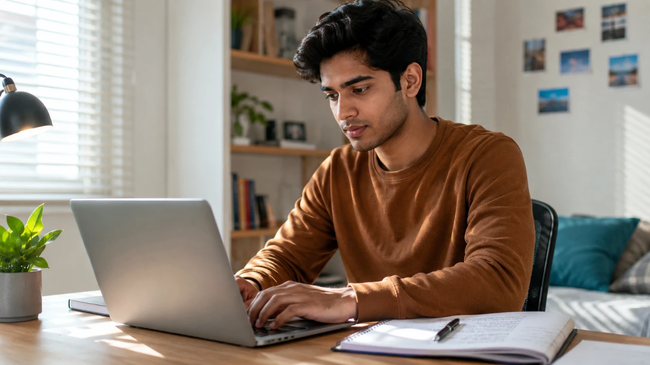 How to write first CV — young student writing their first CV on laptop at study desk