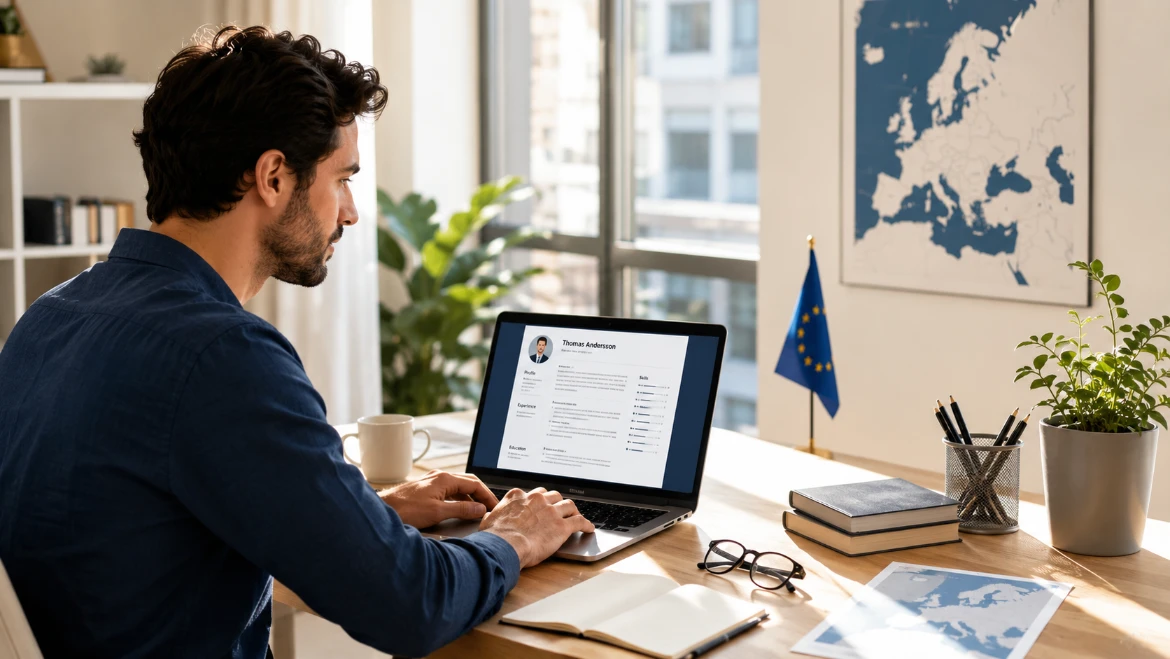 Europass CV guide — professional creating Europass CV on laptop for European job application