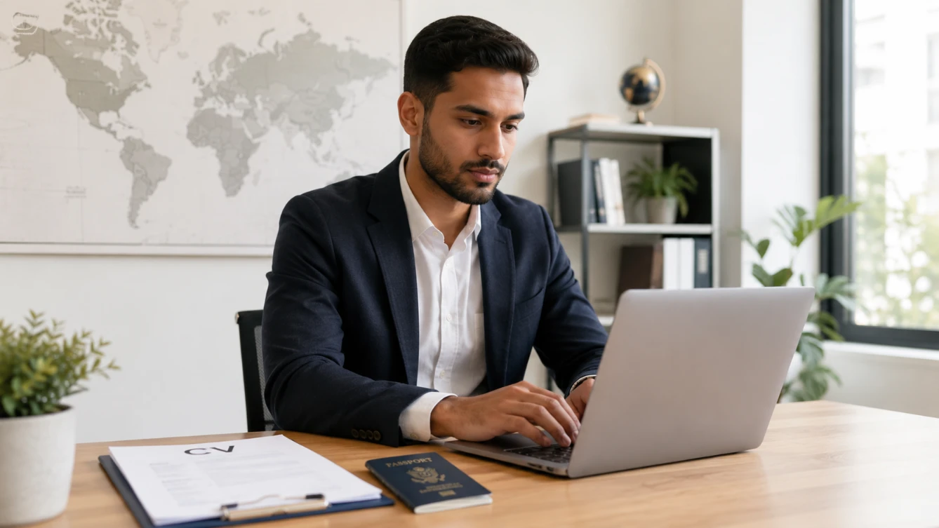 International CV guide — professional preparing CV for international job application at desk with world map