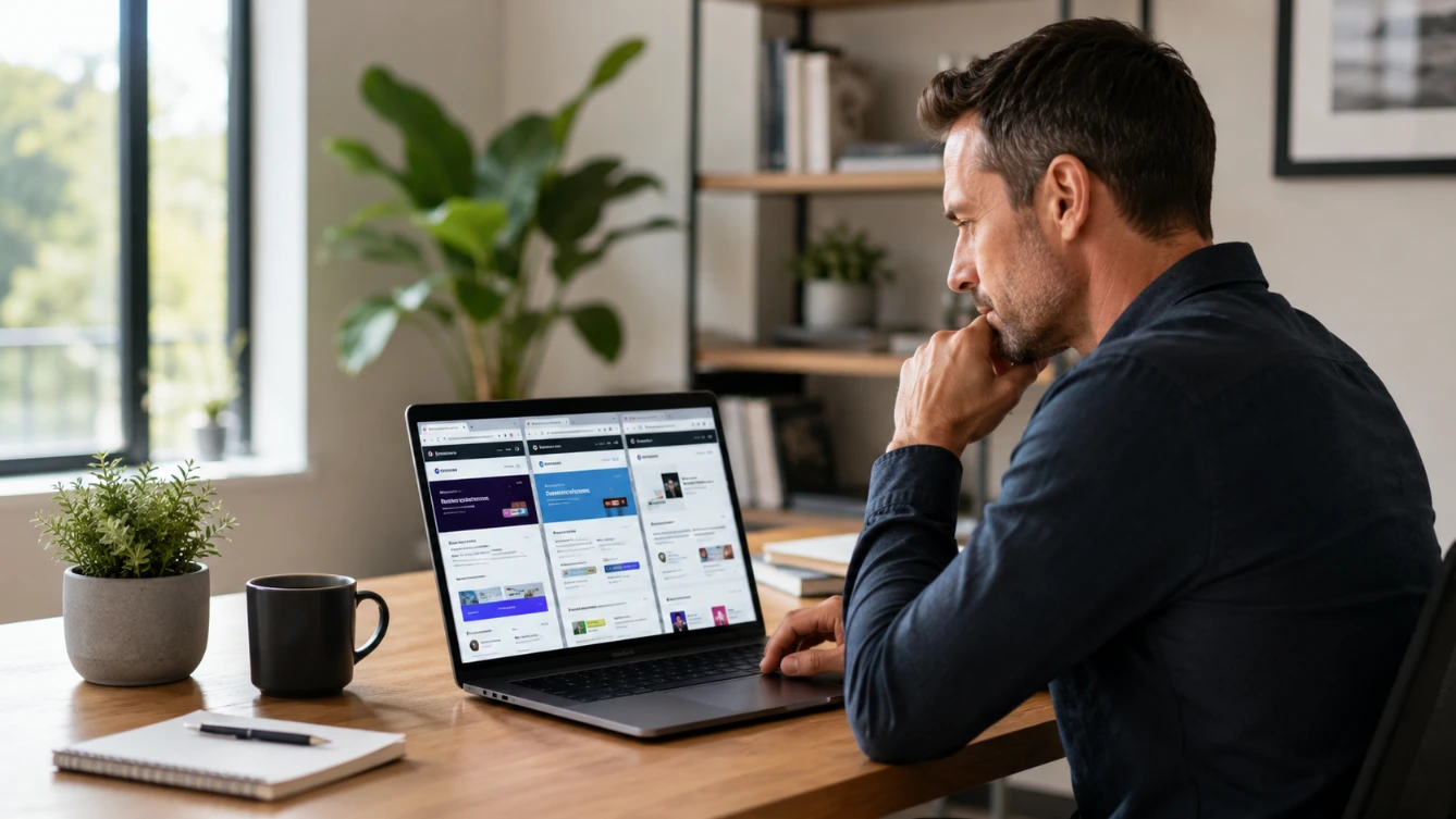Best free CV makers online — professional comparing online CV builder options on laptop at desk