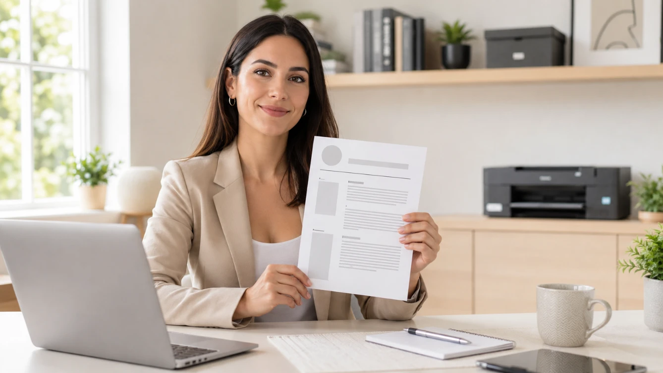 Printable CV template — professional holding printed CV document ready to submit at desk