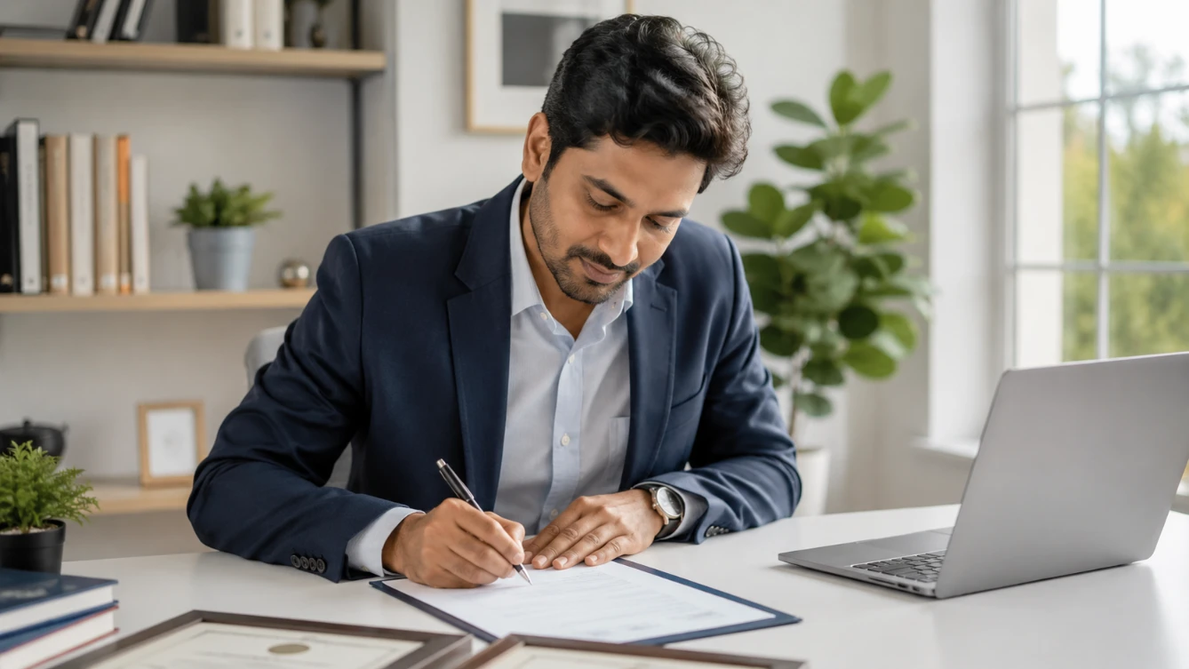 How to write CV education section — professional adding education details to CV at modern desk